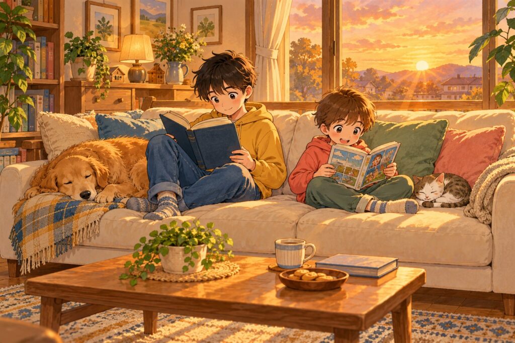 夕方のソファで、兄は厚い本を、弟は漫画を、それぞれ静かに読んでいる兄弟