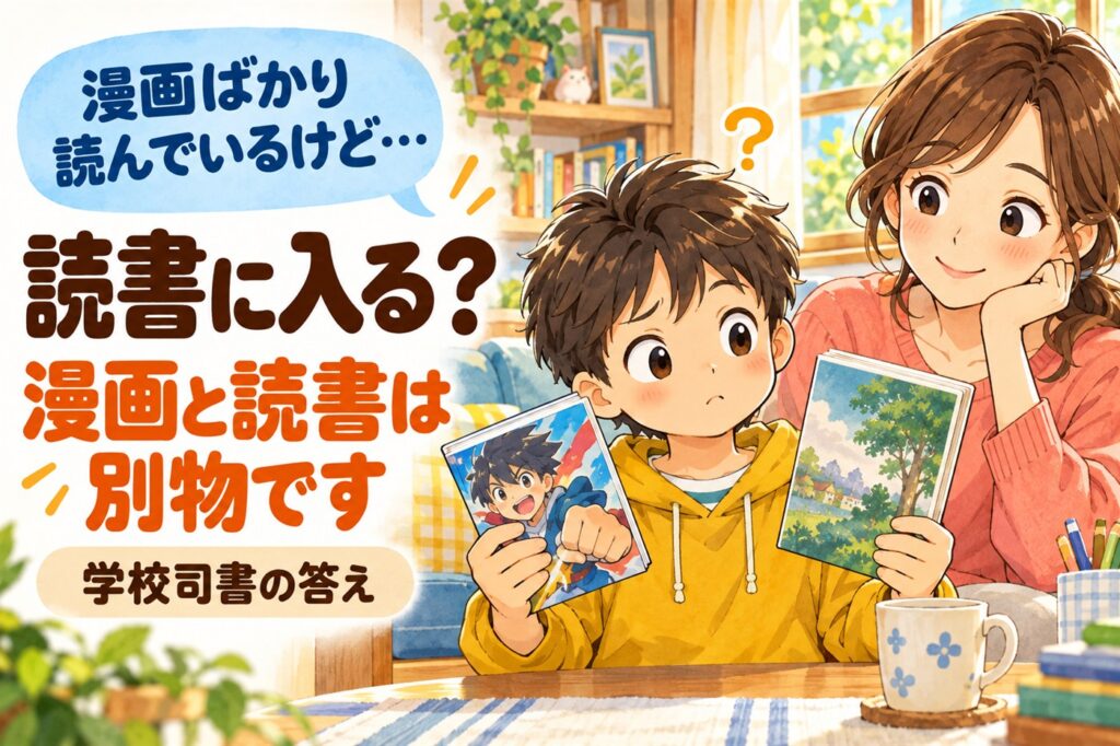 漫画ばかり読んでいるけど…読書に入る？漫画と読書は別物です。学校司書の答え。漫画と文字の本を見くらべる男の子と母親のイラスト