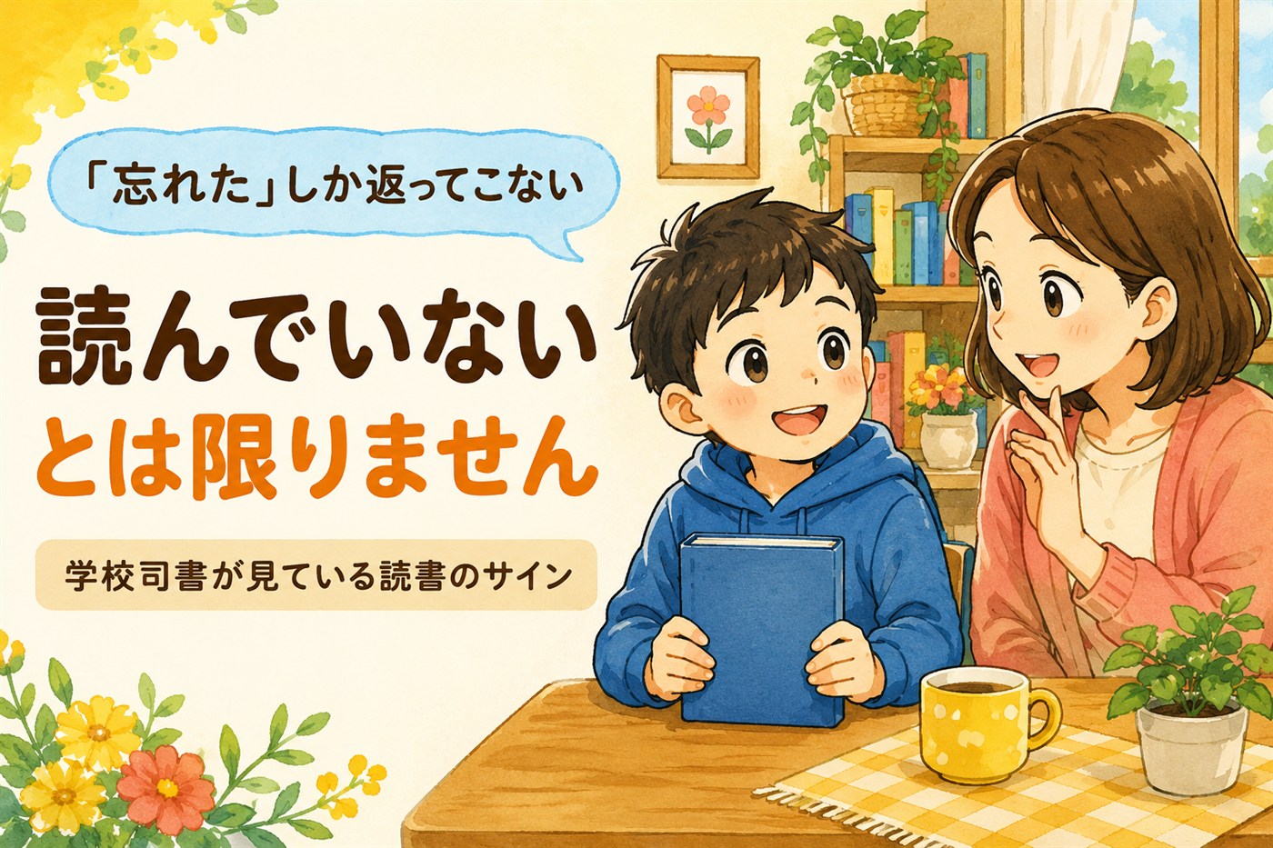 「忘れた」しか返ってこない。読んでいないとは限りません。学校司書が見ている読書のサイン。本を持つ男の子と話しかける母親のイラスト
