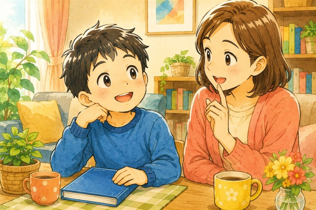 読んでいた本を閉じた小学生の男の子と、話しかけようとする母親。聞いても「忘れた」と返ってくる場面