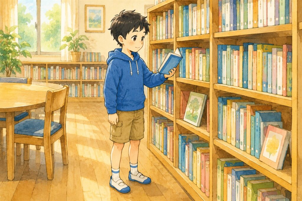 学校図書館の本棚の前で、いつもの場所からなんとなく本を手に取る小学生。借りることが作業になっている様子