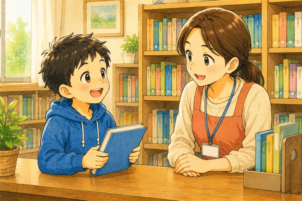 読み終わった本を持って図書室の司書に話しかける小学生。次の本を探しにきた、読んでいるサイン