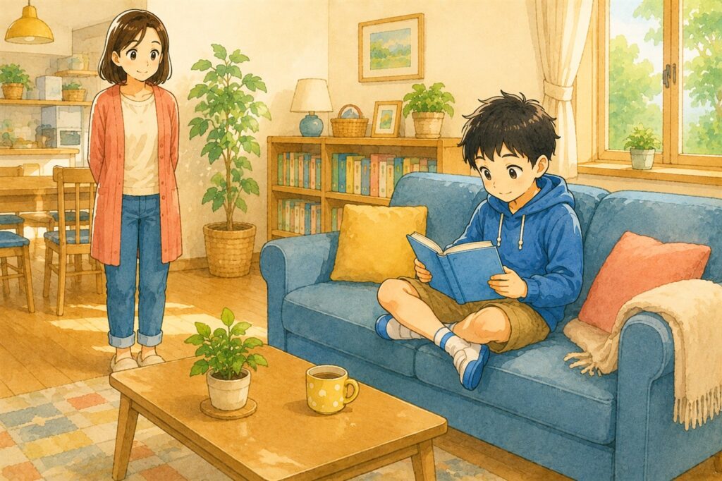 ソファで本を読む小学生を、少し離れたところから声をかけずに見守る母親