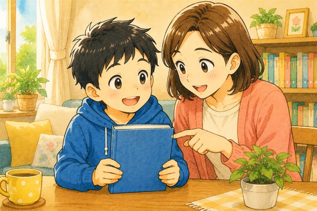 本の表紙を一緒にのぞきこんで話す親子。あらすじを聞くのではなく表紙から会話を始める場面