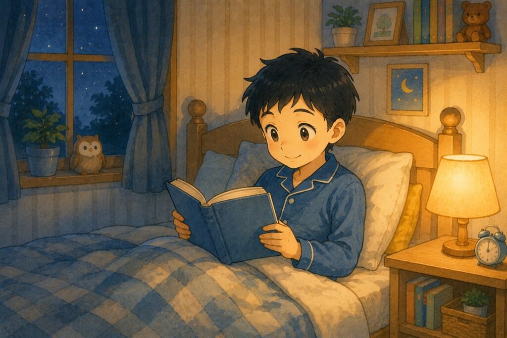 寝る前にベッドで本を読む小学生。読む時間を生活の中に固定した様子