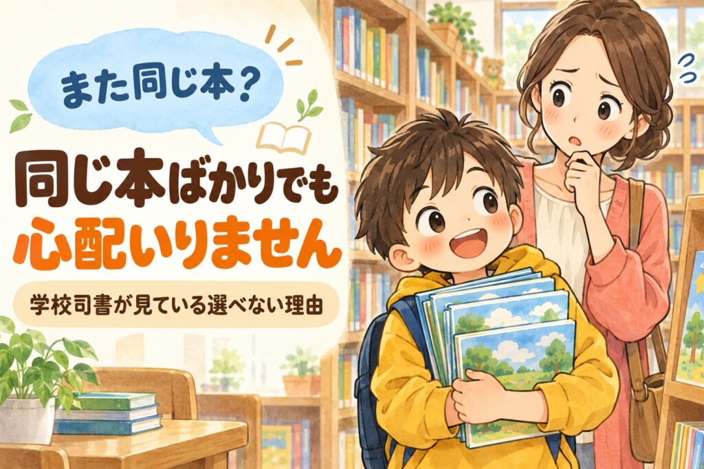 「また同じ本？」同じ本ばかりでも心配いりません。学校司書が見ている選べない理由。図書館で似た本を数冊かかえる男の子と、困り顔の母親のイラスト