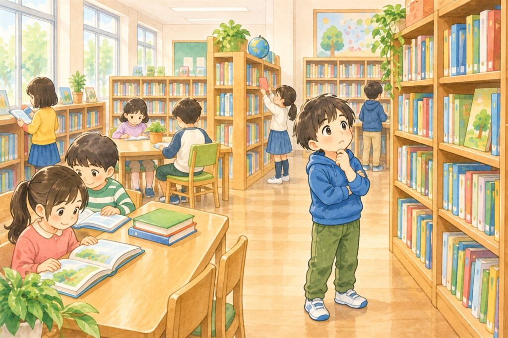 学校の図書室で、どの本を借りるか決められずに本棚の前で立ち尽くす小学生。まわりの子は本を選んだり読んだりしている