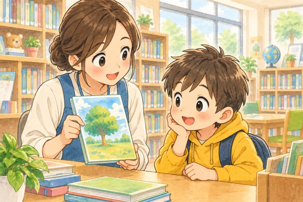 図書室で司書が本の表紙を子どもに向けて見せている。すすめるのではなく、ただ見せているだけのやわらかい場面