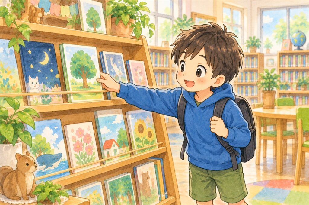 表紙が正面を向くように並べられた図書室の展示棚。小学生が1冊に手をのばしている