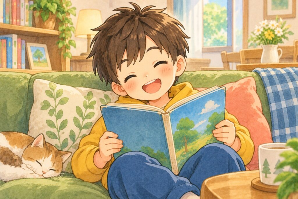 家のソファでお気に入りの本を何度も読んでいる小学生。本は少し使い込まれていて、うれしそうな表情