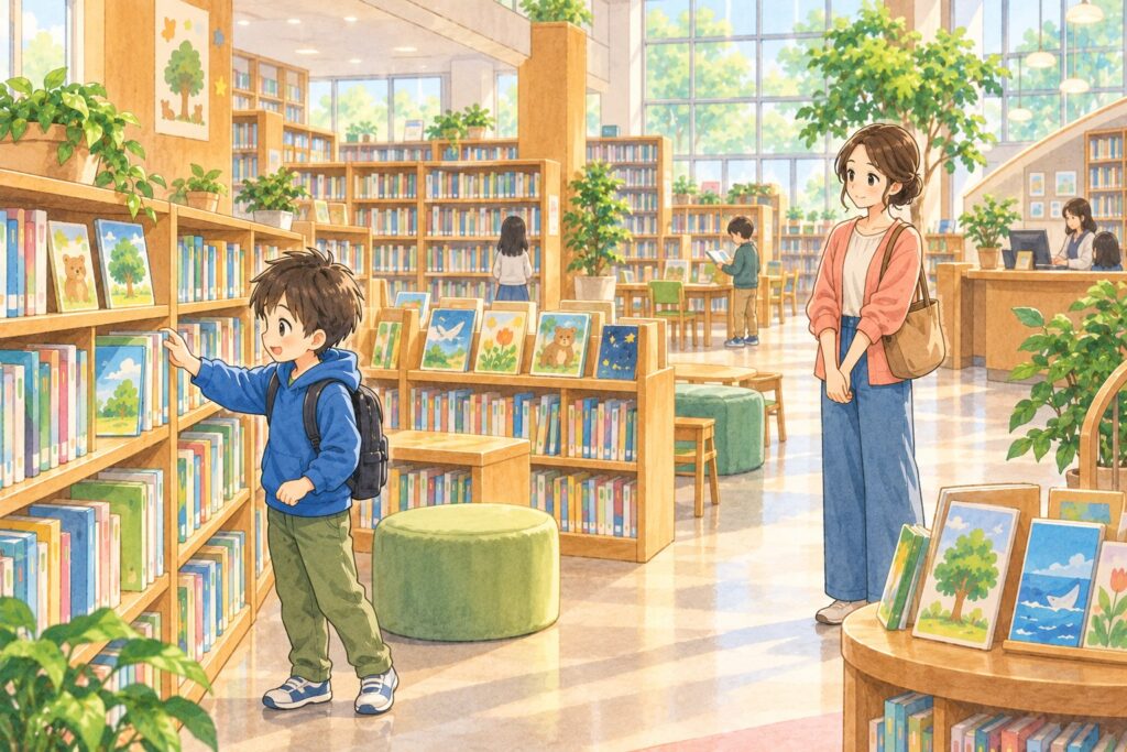 図書館で小学生が自分のペースで本棚を見て回り、母親は少し離れたところから声をかけずに見守っている