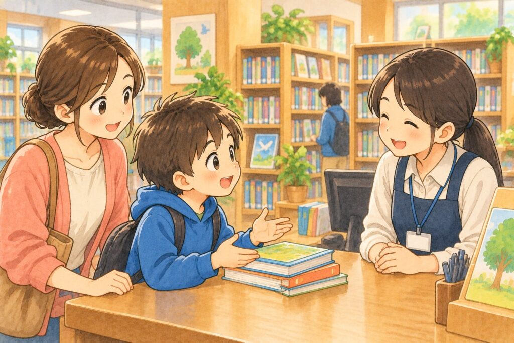 図書館のカウンターで、母親と小学生が司書に相談している。司書はにこやかに聞いている