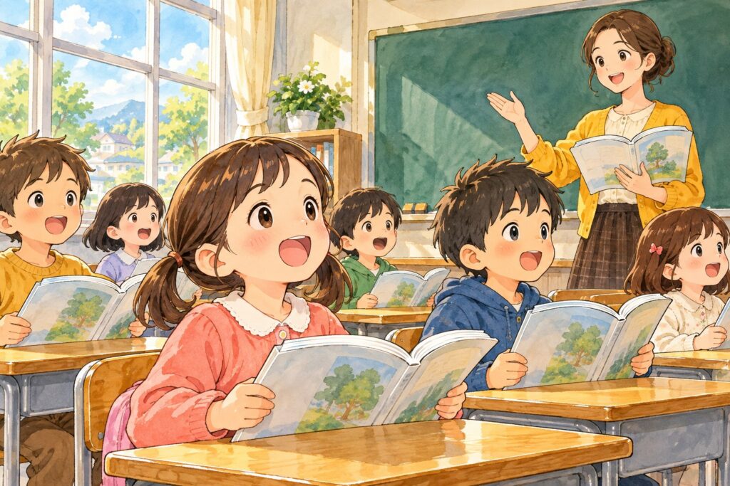 小学校の教室で、教科書を開いて声をそろえて音読する子どもたちと担任の先生
