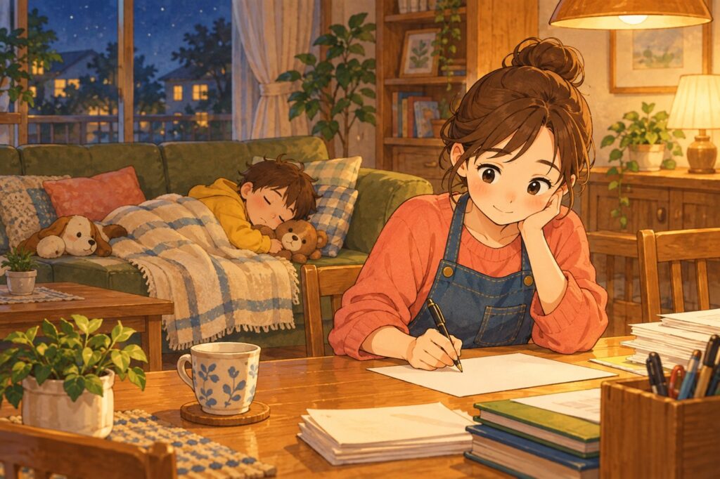 子どもが眠ったあとの夜のリビングで、音読カードにサインをするお母さん