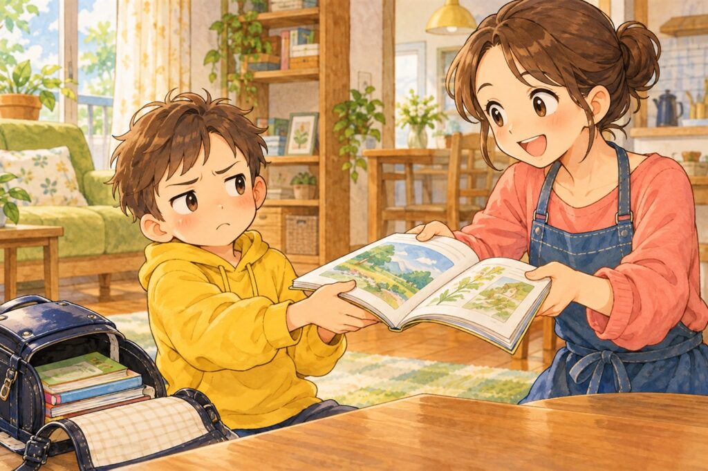開いた国語の教科書を差し出すお母さんと、面倒そうな顔で受け取る小学生の男の子