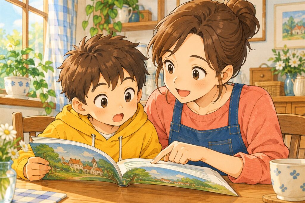 音読の読み間違いを、教科書の一行を指さして穏やかに読み直してあげるお母さん
