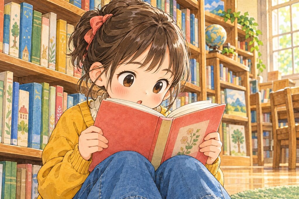 学校の図書室で、声を出さずに口だけを動かして本を読む小学生の女の子
