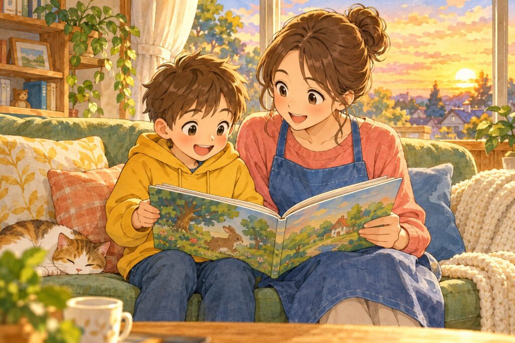 ソファで1冊の児童書を交互に読み合う、お母さんと小学生の男の子