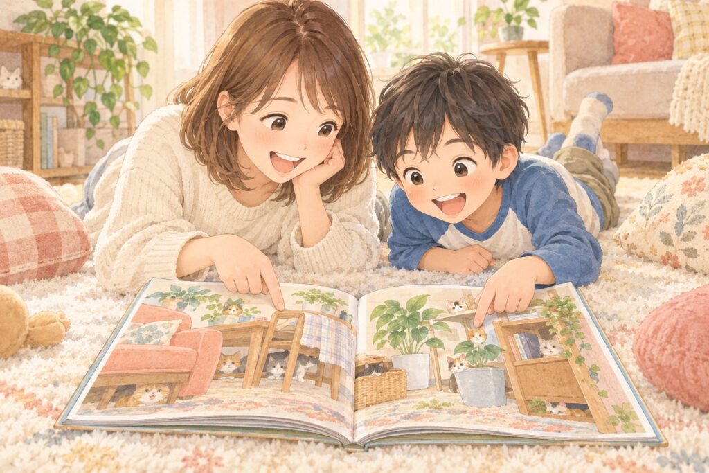 絵本の中に隠れたねこを、親子で指さして探しながら笑う