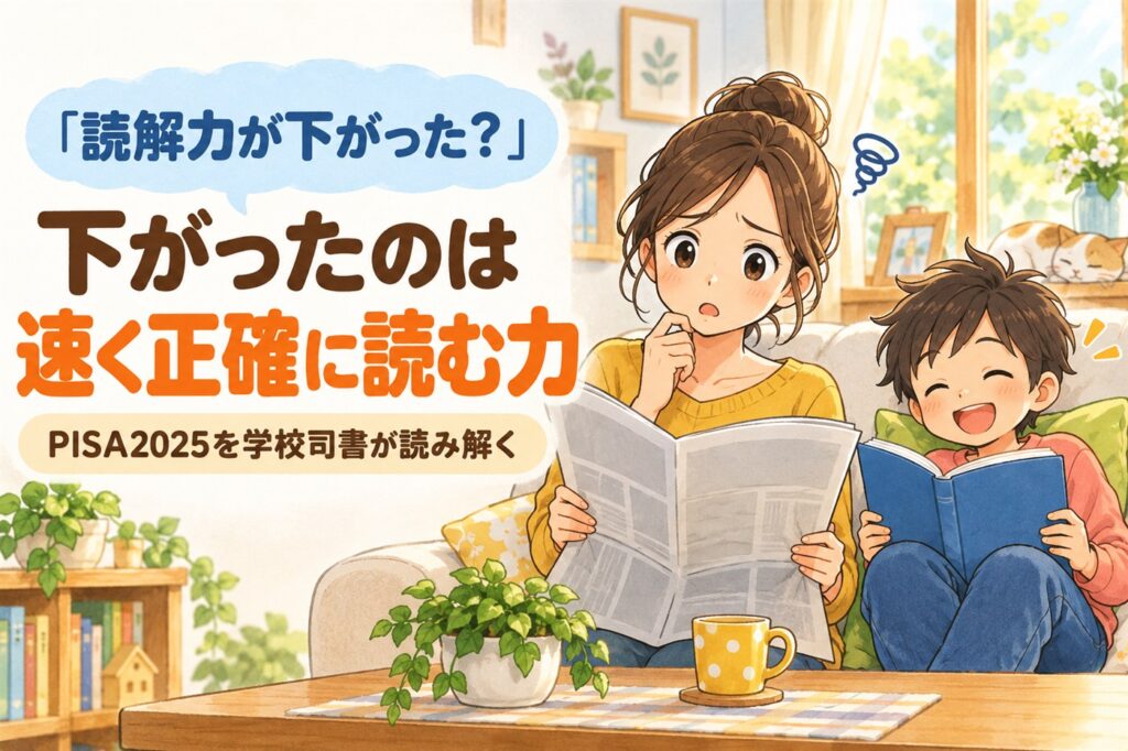 「読解力が下がった？」下がったのは速く正確に読む力。PISA2025を学校司書が読み解く。新聞を手に心配そうな母親と、となりで楽しそうに本を読む子どものイラスト