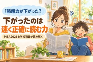 「読解力が下がった？」下がったのは速く正確に読む力。PISA2025を学校司書が読み解く。新聞を手に心配そうな母親と、となりで楽しそうに本を読む子どものイラスト