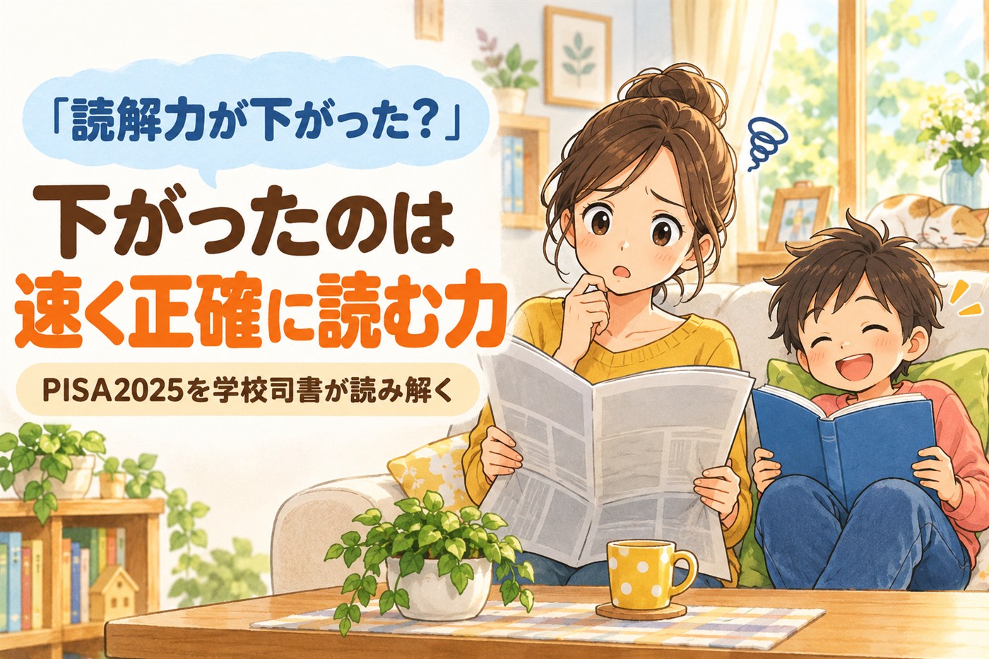 「読解力が下がった？」下がったのは速く正確に読む力。PISA2025を学校司書が読み解く。新聞を手に心配そうな母親と、となりで楽しそうに本を読む子どものイラスト