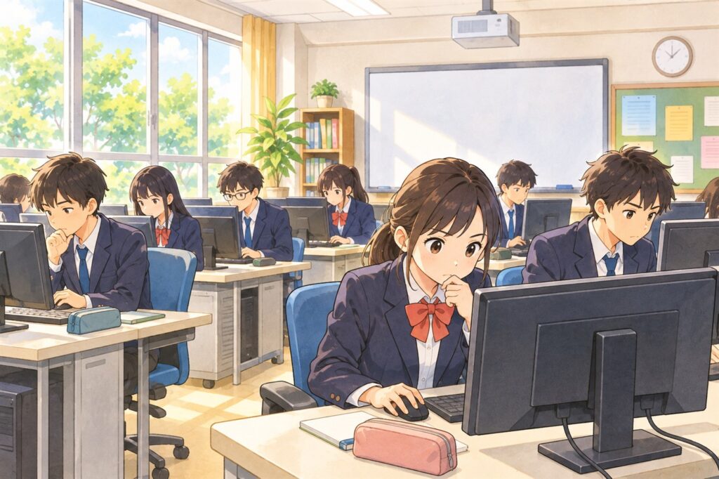 学校のパソコン教室で、高校生たちがパソコンに向かって真剣に問題を解いている様子