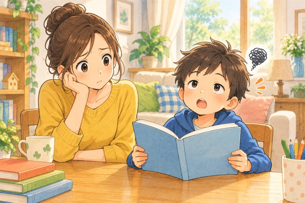 本を声に出して読んでいるものの、内容が頭に入っていない様子の小学生の男の子と、首をかしげる母親