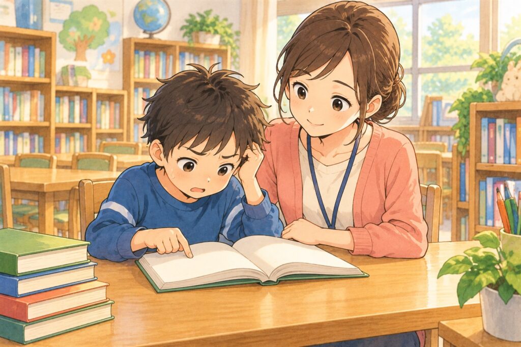 図書室の机で、本の字を指でたどりながら読むのに苦労している子どもに、司書の女性がとなりに座って寄りそっている