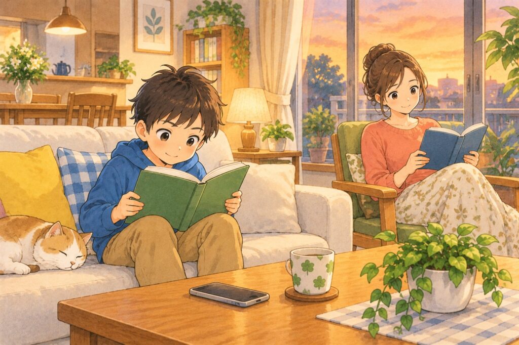夕方のリビングで、スマホを机に置いた小学生がソファで本を読みはじめ、そばで母親も自分の本を読んでいる