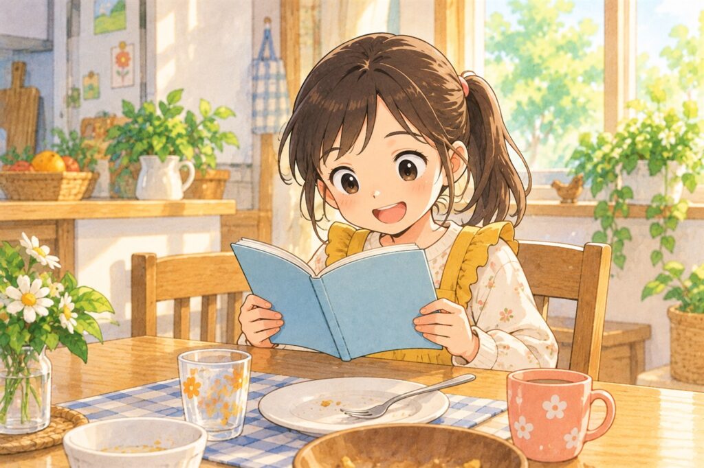 朝ごはんのあとの食卓で、小学生の女の子がうすい本をすらすら楽しそうに読んでいる
