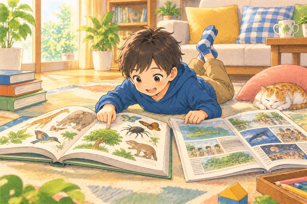 リビングのラグの上で、小学生の男の子が大きな図鑑と子ども新聞を広げて夢中で見くらべている