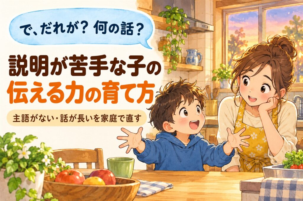 で、だれが？何の話？説明が苦手な子の伝える力の育て方。主語がない・話が長いを家庭で直す。身ぶり手ぶりで話す男の子と聞く母親のイラスト