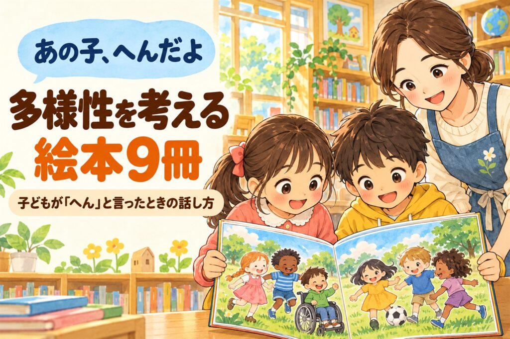 あの子、へんだよ。多様性を考える絵本9冊。子どもが「へん」と言ったときの話し方。図書室で絵本をのぞきこむ子どもたちと司書のイラスト