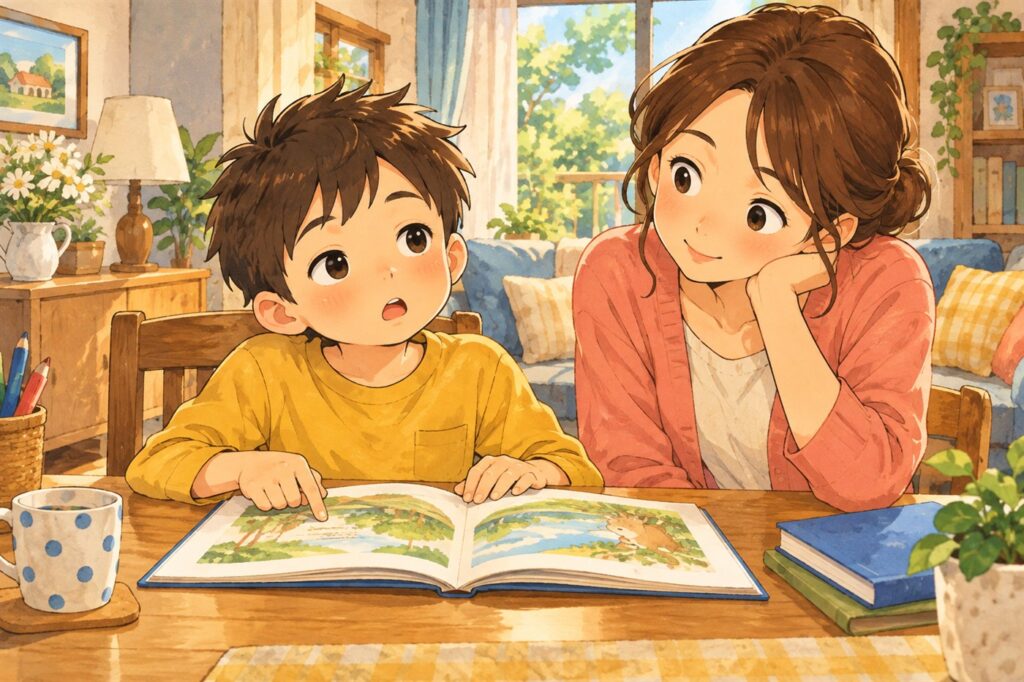 音読しているが目線が文字の上をすべっている男の子と、それを見ている母親