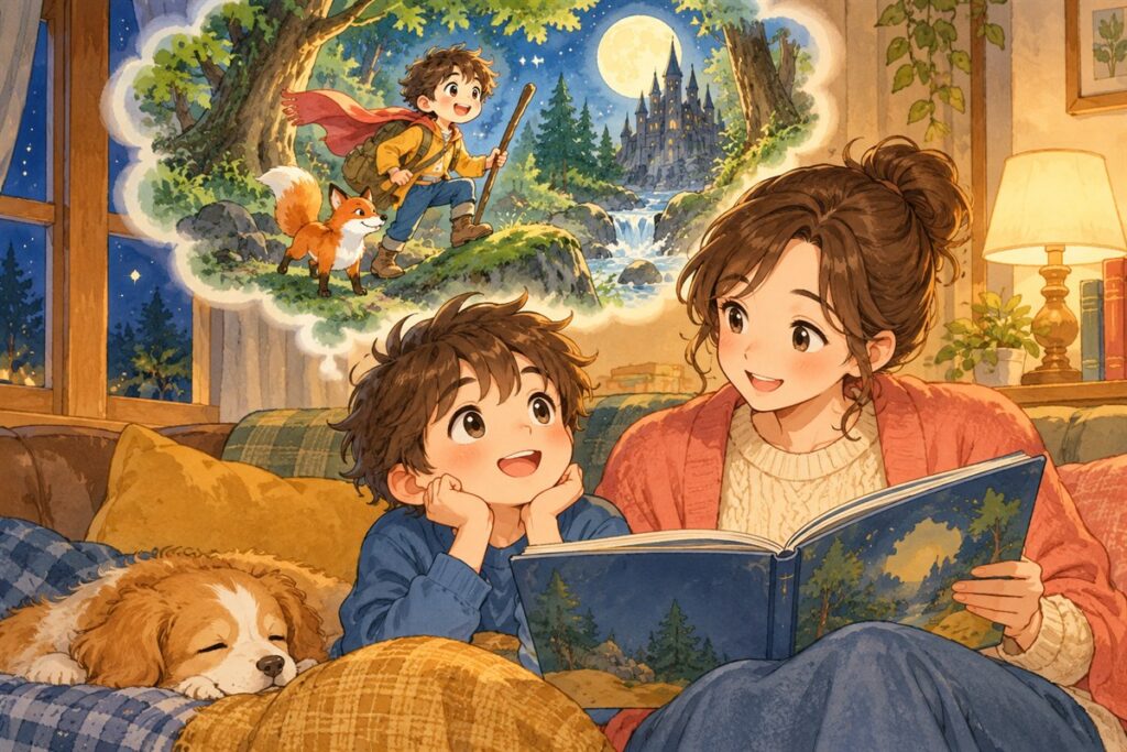 ソファで母親に読んでもらいながら、目を上に向けて場面を思い浮かべている男の子