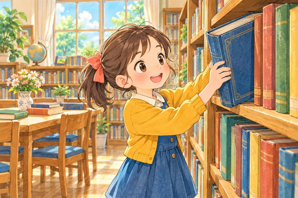 図書室の棚から、初めて見る分厚い本をためらわずに引き抜いている女の子