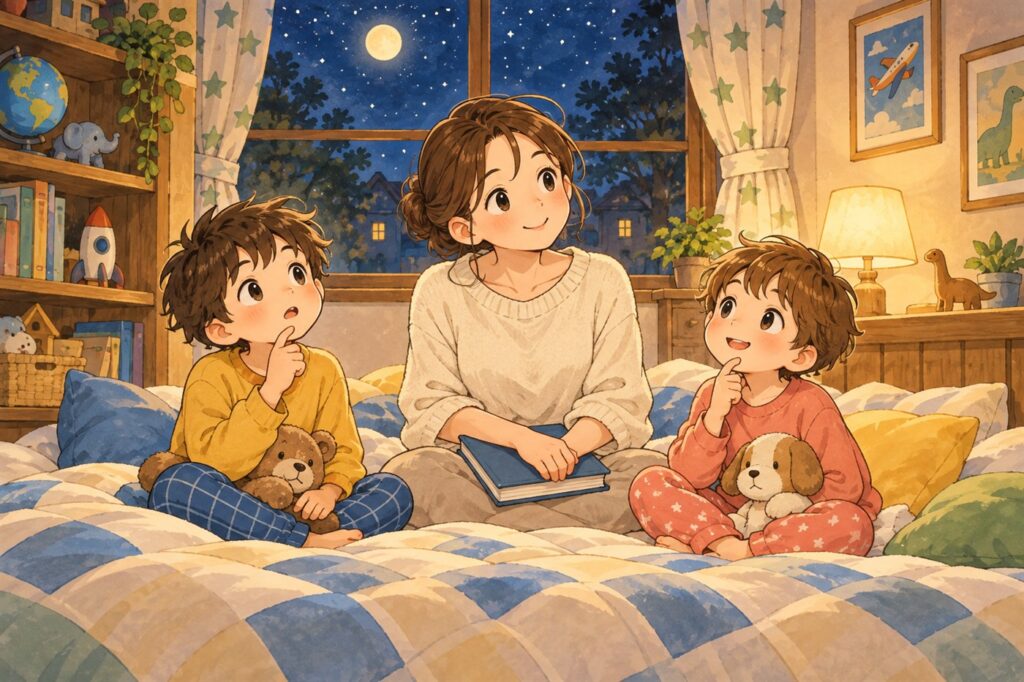 布団の上で母親と向かい合ってすわり、昨日の続きを思い出そうとしている男の子二人