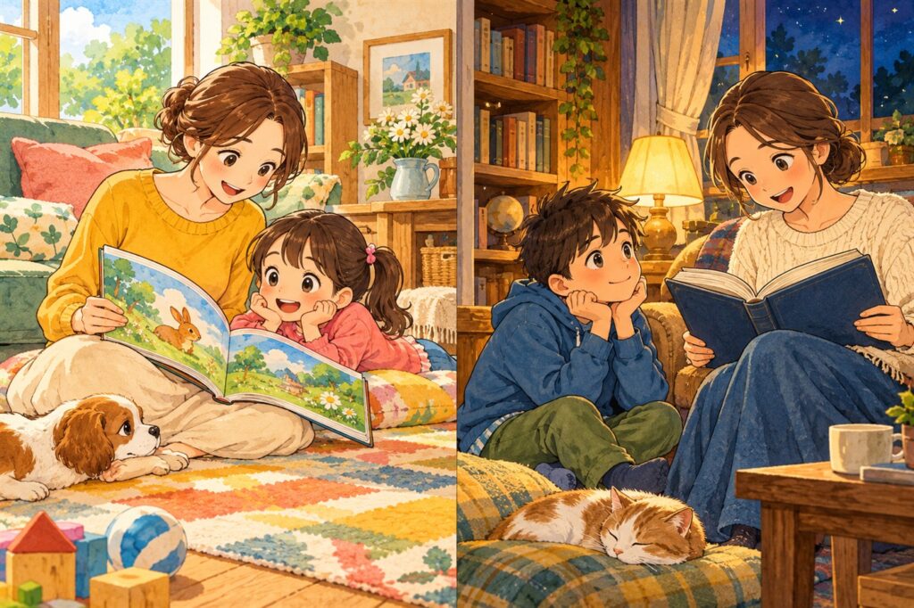 絵本を見せてもらう低学年の子と、章のある本を読んでもらう中学年の子