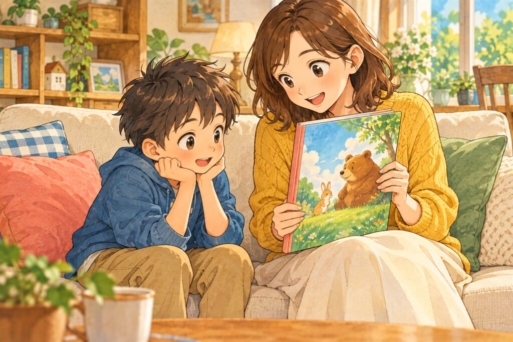 本を開かずに表紙を子どもに見せている母親と、それをじっと見ている男の子