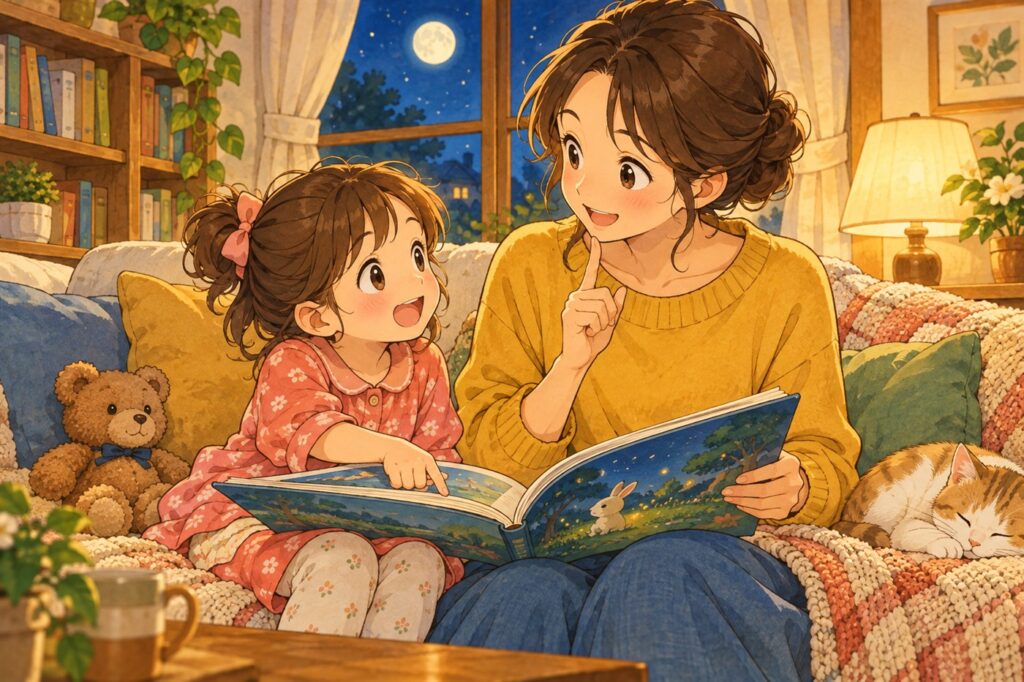読み聞かせの途中で質問されて、続きを読んでほしそうに本を指さす子ども