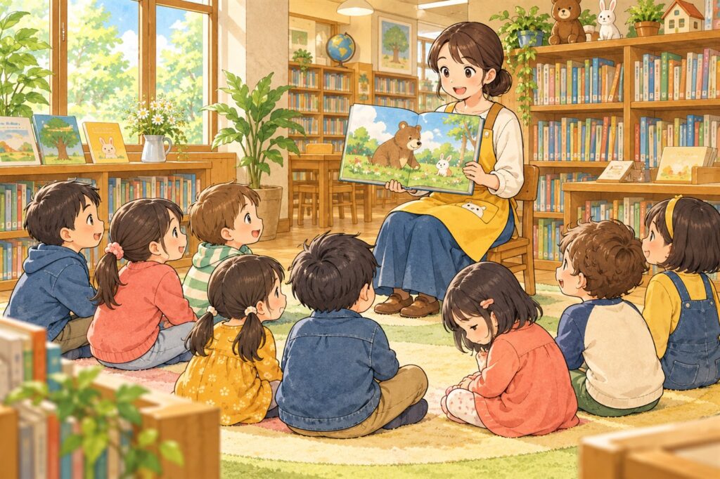 図書室の読み聞かせで、話がわからなくなって床のほうを見ている子ども