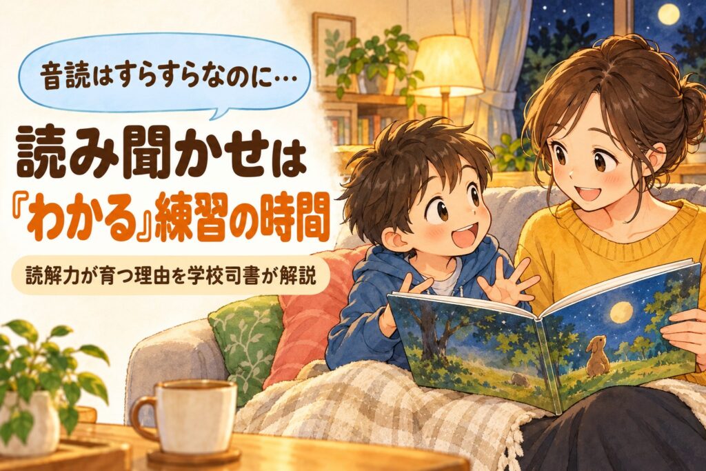 音読はすらすらなのに…読み聞かせは『わかる』練習の時間。読解力が育つ理由を学校司書が解説。読み聞かせを聞きながら楽しそうに話す男の子のイラスト