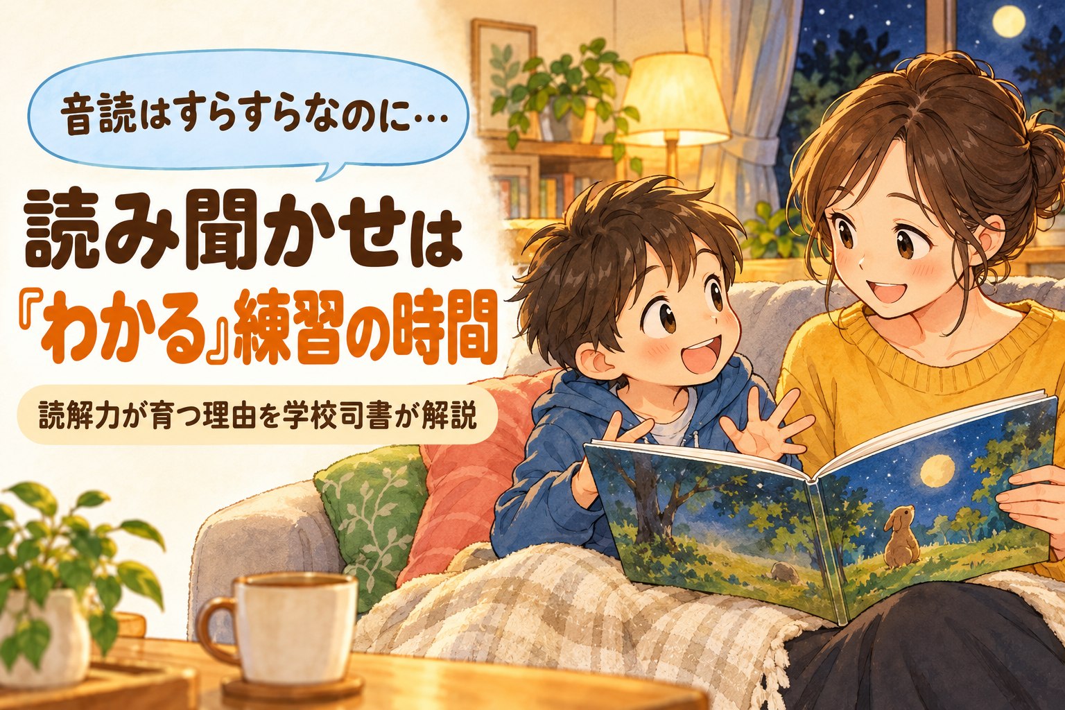 音読はすらすらなのに…読み聞かせは『わかる』練習の時間。読解力が育つ理由を学校司書が解説。読み聞かせを聞きながら楽しそうに話す男の子のイラスト