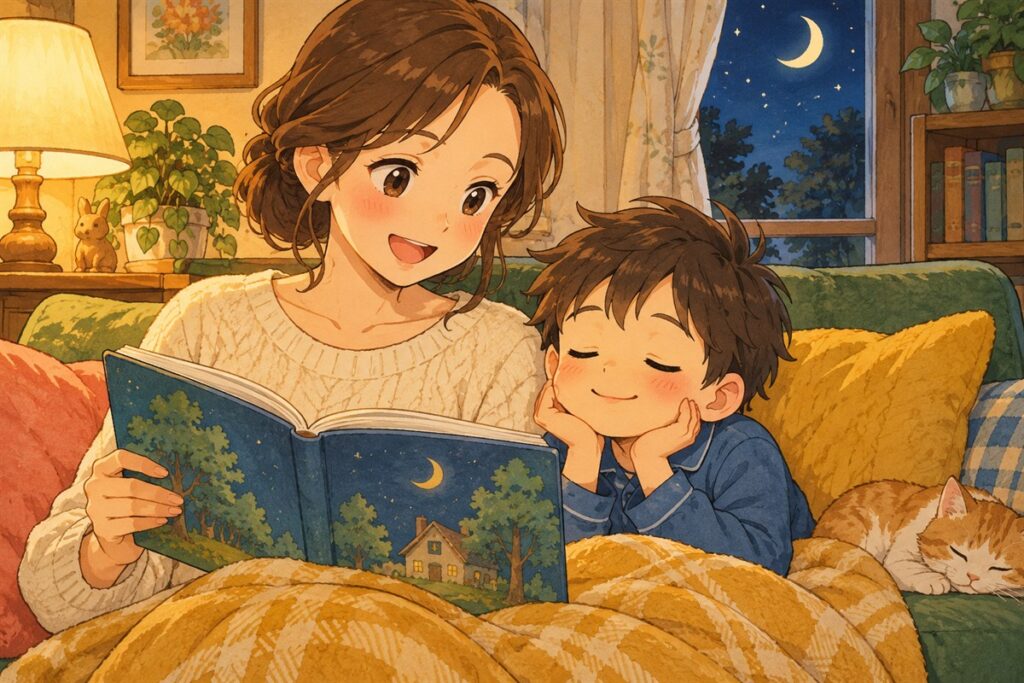 目をとじて、母親の読む声に耳をすませている男の子