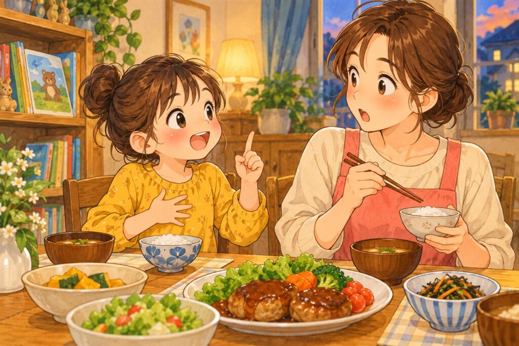 食卓で、本で覚えた言葉を使おうとして母親を見る子どもと、驚いている母親