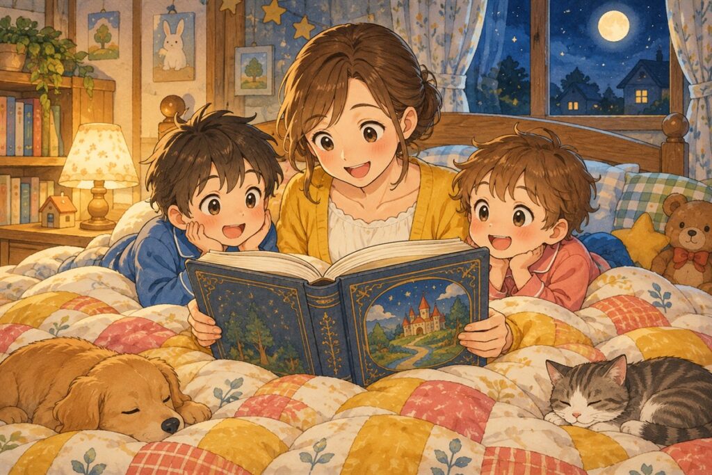 布団の上で、昔話がたくさん入った厚い本を読んでもらっている子ども二人