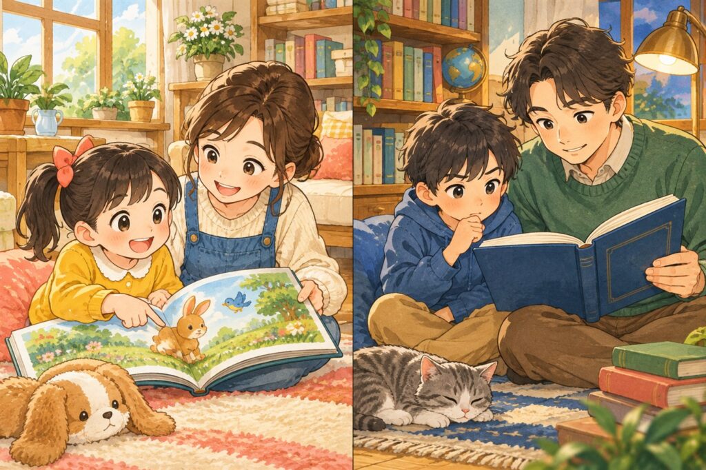 絵本の絵を指さして笑う低学年の子と、難しい言葉に眉を寄せる中学年の子