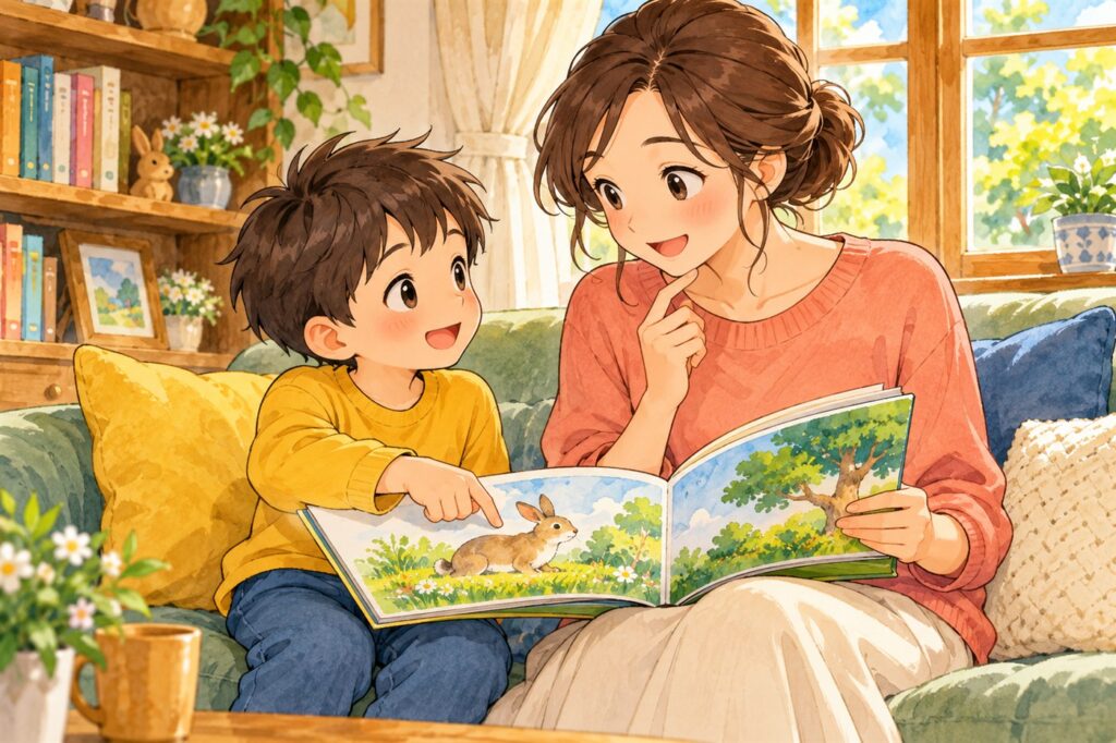 読み聞かせの途中で本を指さし、言葉の意味を母親にたずねている男の子