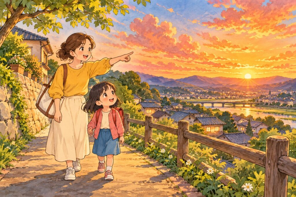 夕焼けの空を指さして子どもに話しかけている母親と、空を見上げる子ども